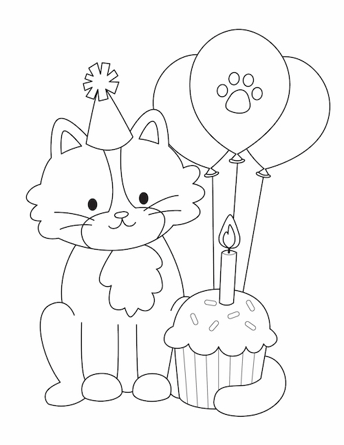 Happy Birthday Cat Coloring Page - Little Bee Family
