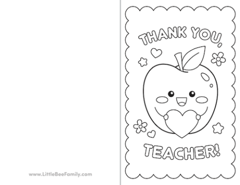 Thank You Teacher Printable Coloring Card - Little Bee Family