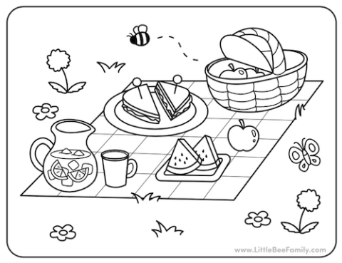 Picnic Coloring Page - Little Bee Family